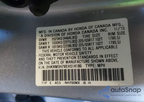 2014 Honda Cr-V Exl из США, поврежденный, VIN 2HKRM3H7XEH514186